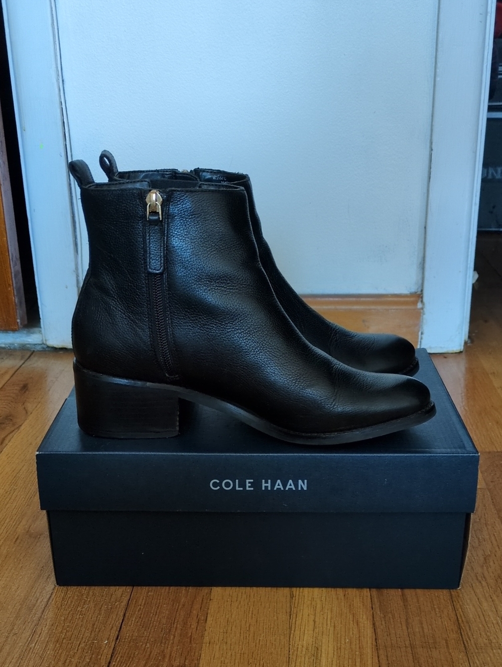Cole Haan Black Leather Ankle Booties with Side Zip